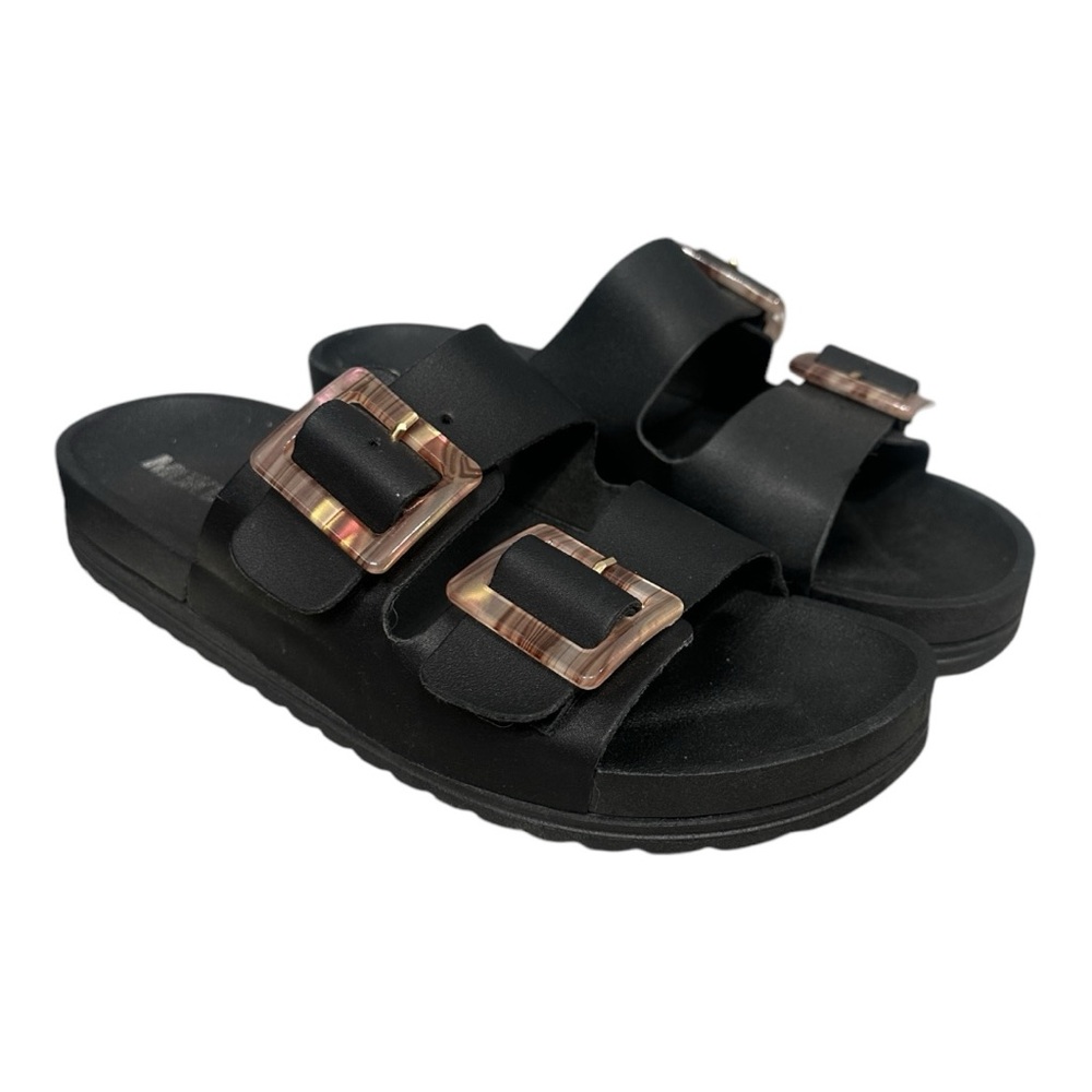 Black Slide Sandals with Rose Gold Buckles - Picture 2 of 16